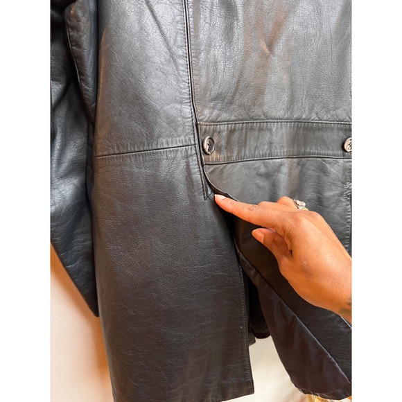 VTG Fantastic Intl. Mens Black Leather Coat Sz 46 LG Longline Zip Out Fur Lining - Picture 14 of 16